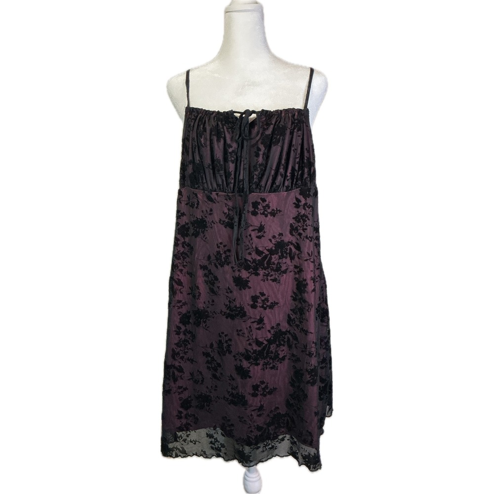Y2K Whimsigoth Purple Black Floral Velvet Flocked Mesh Mini Slip dress 1XL